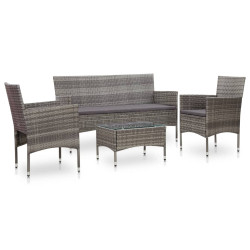 4 Pcs conjunto lounge de jardim c/ almofadões vime PE cinzento