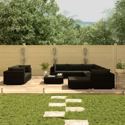 10 Pcs conjunto lounge de jardim c/ almofadões vime PE preto