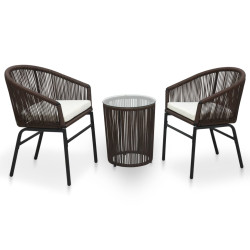 3 Pcs conjunto de bistrô com almofadões vime PE castanho