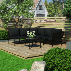 6 Pcs conjunto lounge de jardim c/ almofadões PVC preto