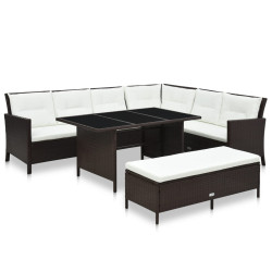 3 Pcs conjunto lounge jardim c/ almofadões vime PE castanho