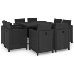 9 Pcs conjunto jantar exterior com almofadões vime PE preto