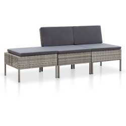 Conjunto lounge de jardim c/ almofadões 3 pcs vime PE cinzento