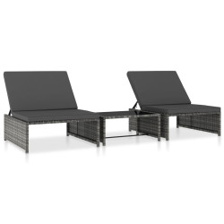 Cadeiras jardim reclináveis 2 pcs com mesa vime PE cinzento