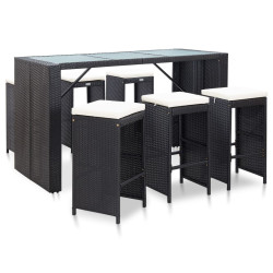 7 Pcs conjunto bar para jardim c/ almofadões vime PE preto