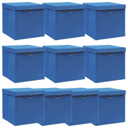 Caixas de arrumação com tampas 10 pcs 32x32x32 cm tecido azul