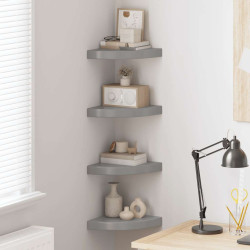 Prateleiras canto suspensas 4 pcs 25x25x3,8cm MDF cinza brilh.