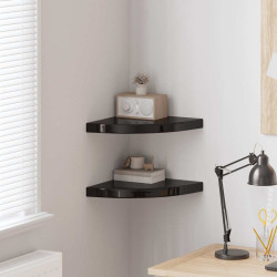 Prateleiras canto suspensas 2 pcs 35x35x3,8cm MDF preto brilh.