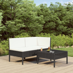 3 Pcs conjunto lounge para jardim c/ almofadões vime PE preto