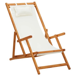Cadeira de praia dobrável madeira eucalipto maciça/tecido creme
