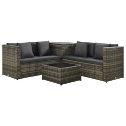 4 Pcs conjunto lounge de jardim c/ almofadões vime PE cinzento