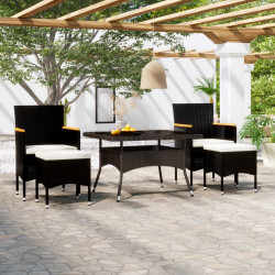 5 Pcs conjunto jantar p/ jardim vime PE e vidro temperado preto