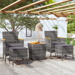 5 Pcs conjunto bistrô de jardim vime PE/acácia maciça cinzento