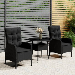 3 Pcs conjunto de bistrô para jardim vime PE preto