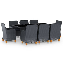 9 Pcs conj. jantar exterior c/ almofadões vime PE cinza-escuro