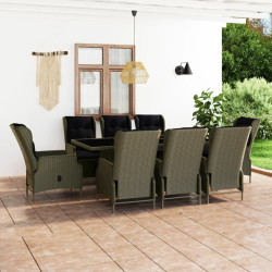 9 Pcs conjunto jantar exterior com almofadões vime PE castanho