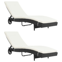 Espreguiçadeiras com rodas e almofadões 2 pcs vime PE preto