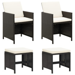4 Pcs conjunto de cadeiras e bancos de jardim vime PE preto