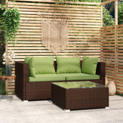 3 Pcs conjunto lounge jardim c/ almofadões vime PE castanho