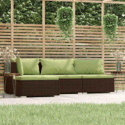 4 Pcs conjunto lounge jardim c/ almofadões vime PE castanho