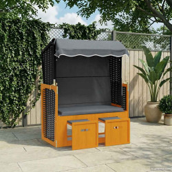 Strandkorb com toldo vime PE e madeira maciça preto e antracite