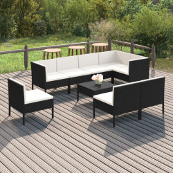 9 Pcs conjunto lounge de jardim c/ almofadões vime PE preto