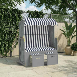 Strandkorb com toldo vime PE e madeira maciça azul e branco