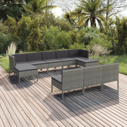 10 Pcs conjunto lounge de jardim c/ almofadões vime PE cinzento