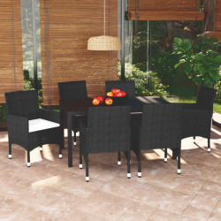 7 Pcs conjunto de jantar p/ jardim c/ almofadões vime PE preto
