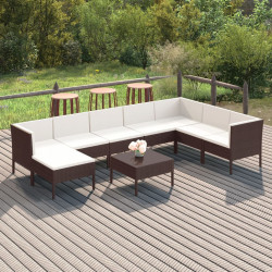 9 Pcs conjunto lounge jardim c/ almofadões vime PE castanho