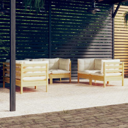 6 Pcs conjunto lounge jardim c/ almofadões creme pinho maciço