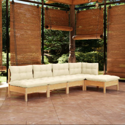 5 Pcs conjunto lounge jardim c/ almofadões cor creme pinho
