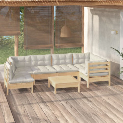 7 Pcs conjunto lounge de jardim c/ almofadões cor creme pinho