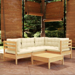 5 Pcs conjunto lounge de jardim c/ almofadões cor creme pinho
