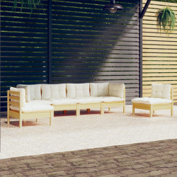 6 Pcs conjunto lounge jardim c/ almofadões creme pinho maciço