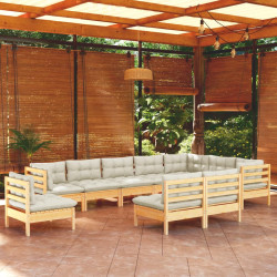 10 Pcs conjunto lounge jardim c/ almofadões creme pinho maciço