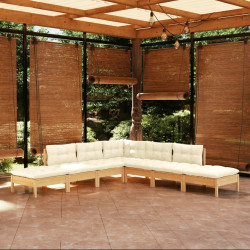 7 Pcs conjunto lounge de jardim c/ almofadões cor creme pinho