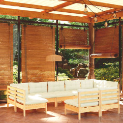 9 Pcs conjunto lounge jardim c/ almofadões creme pinho maciço