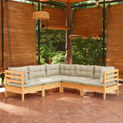 5 Pcs conjunto lounge jardim c/ almofadões creme pinho maciço