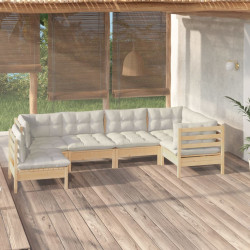 6 Pcs conjunto lounge de jardim c/ almofadões cor creme pinho