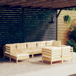 9 Pcs conjunto lounge jardim c/ almofadões creme pinho maciço