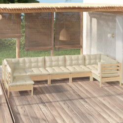 7 Pcs conjunto lounge de jardim c/ almofadões cor creme pinho