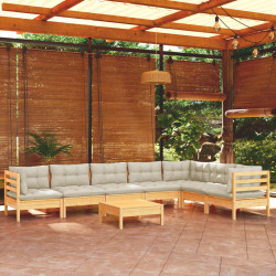 8 Pcs conjunto lounge jardim c/ almofadões creme pinho maciço