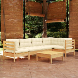 6 Pcs conjunto lounge de jardim c/ almofadões cor creme pinho
