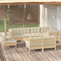 9 Pcs conjunto lounge jardim c/ almofadões creme pinho maciço