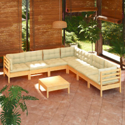 8 Pcs conjunto lounge jardim c/ almofadões creme pinho maciço