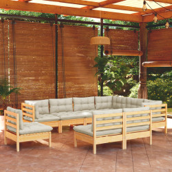 9 Pcs conjunto lounge jardim c/ almofadões creme pinho maciço