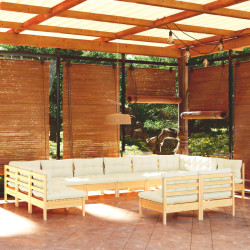 12 Pcs conjunto lounge jardim c/ almofadões creme pinho maciço