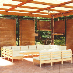 13 Pcs conjunto lounge jardim c/ almofadões creme pinho maciço