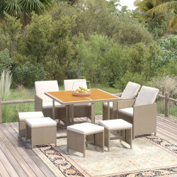 9 Pcs conjunto de jantar p/ jardim com almofadões vime PE bege